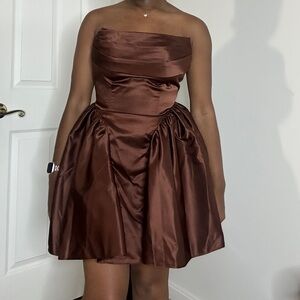 Brown Satin Strapless Bow Mini Dress